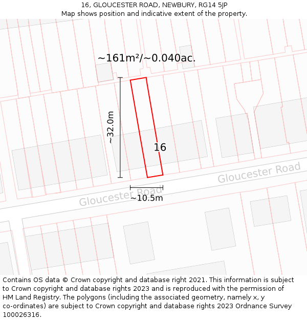 16, GLOUCESTER ROAD, NEWBURY, RG14 5JP: Plot and title map