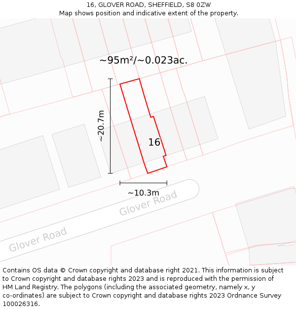 16, GLOVER ROAD, SHEFFIELD, S8 0ZW: Plot and title map