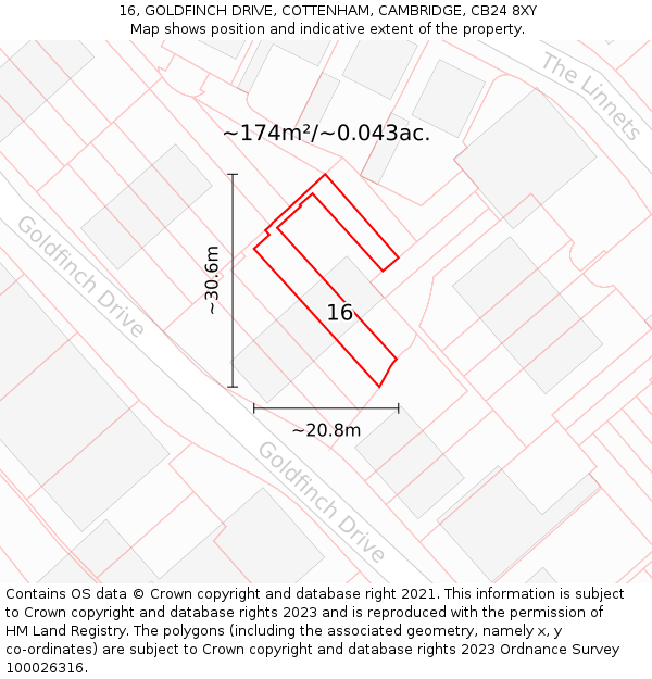 16, GOLDFINCH DRIVE, COTTENHAM, CAMBRIDGE, CB24 8XY: Plot and title map