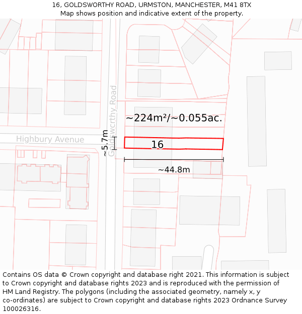 16, GOLDSWORTHY ROAD, URMSTON, MANCHESTER, M41 8TX: Plot and title map