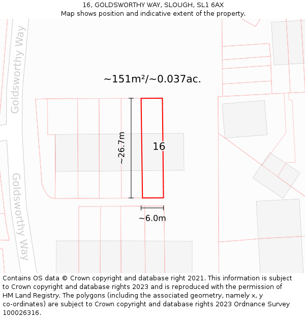 16, GOLDSWORTHY WAY, SLOUGH, SL1 6AX: Plot and title map