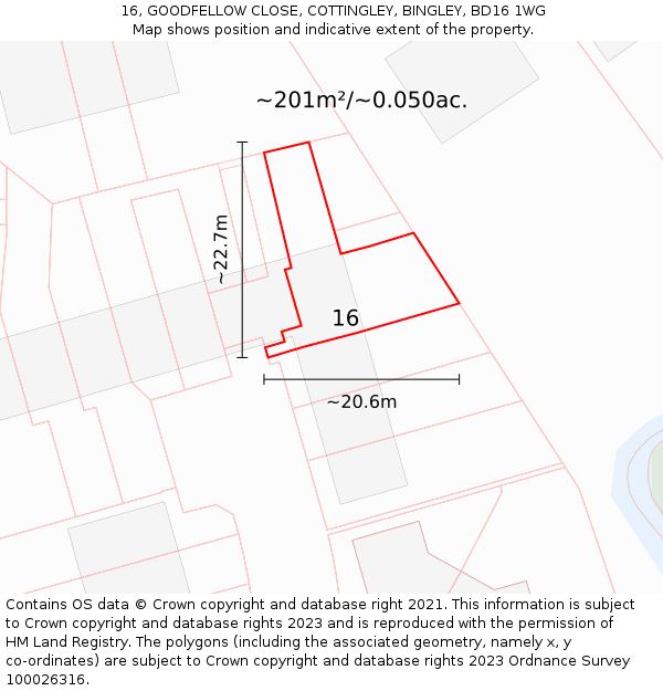 16, GOODFELLOW CLOSE, COTTINGLEY, BINGLEY, BD16 1WG: Plot and title map