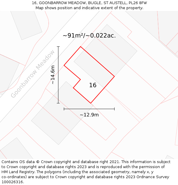 16, GOONBARROW MEADOW, BUGLE, ST AUSTELL, PL26 8FW: Plot and title map