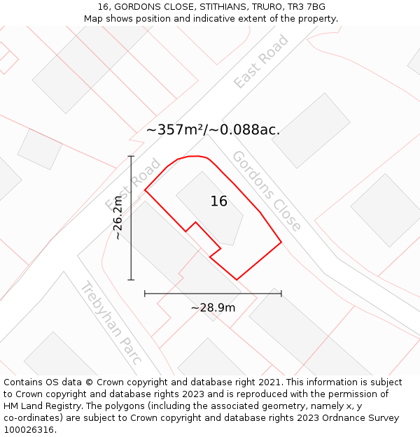 16, GORDONS CLOSE, STITHIANS, TRURO, TR3 7BG: Plot and title map