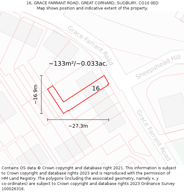 16, GRACE FARRANT ROAD, GREAT CORNARD, SUDBURY, CO10 0ED: Plot and title map