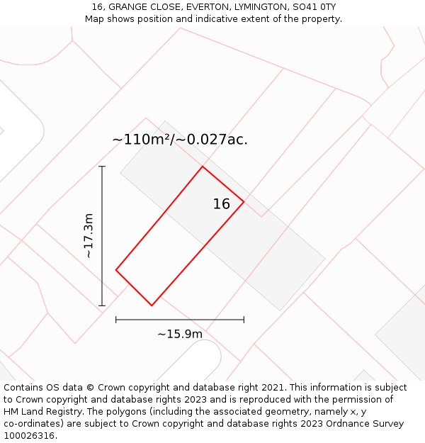 16, GRANGE CLOSE, EVERTON, LYMINGTON, SO41 0TY: Plot and title map