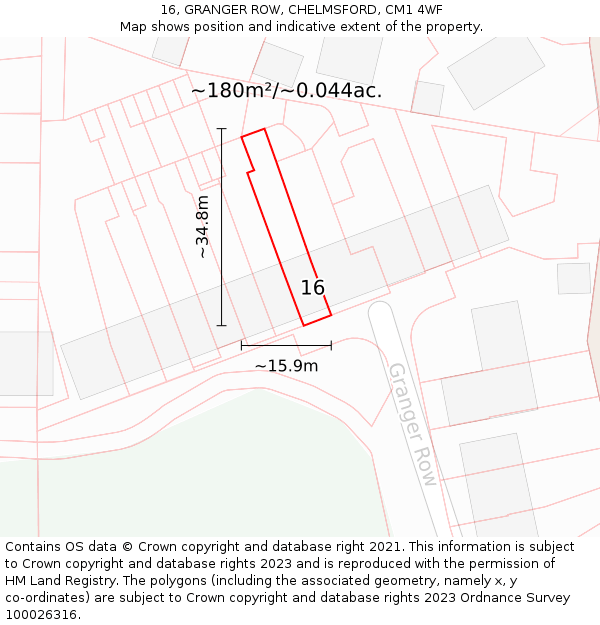 16, GRANGER ROW, CHELMSFORD, CM1 4WF: Plot and title map