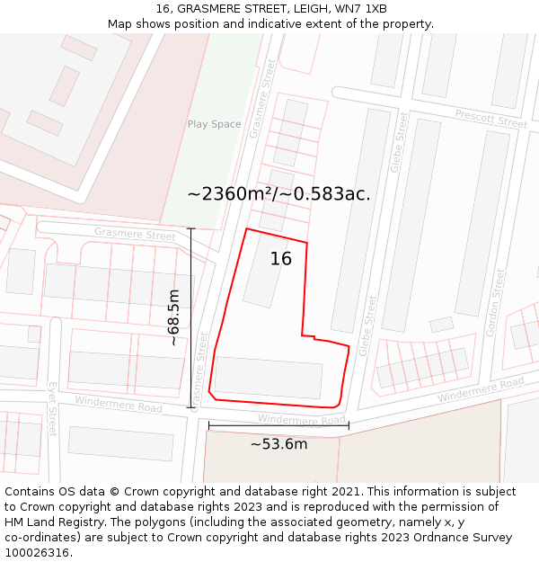 16, GRASMERE STREET, LEIGH, WN7 1XB: Plot and title map