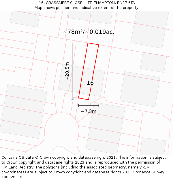 16, GRASSMERE CLOSE, LITTLEHAMPTON, BN17 6TA: Plot and title map