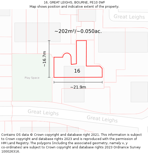 16, GREAT LEIGHS, BOURNE, PE10 0WF: Plot and title map