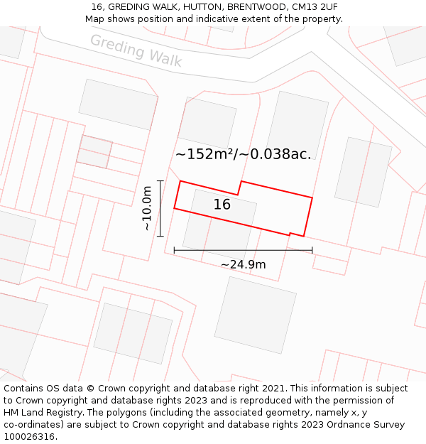 16, GREDING WALK, HUTTON, BRENTWOOD, CM13 2UF: Plot and title map