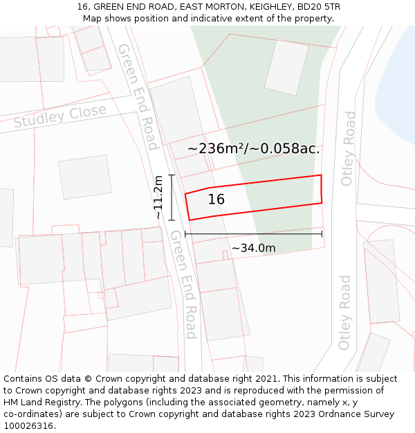 16, GREEN END ROAD, EAST MORTON, KEIGHLEY, BD20 5TR: Plot and title map