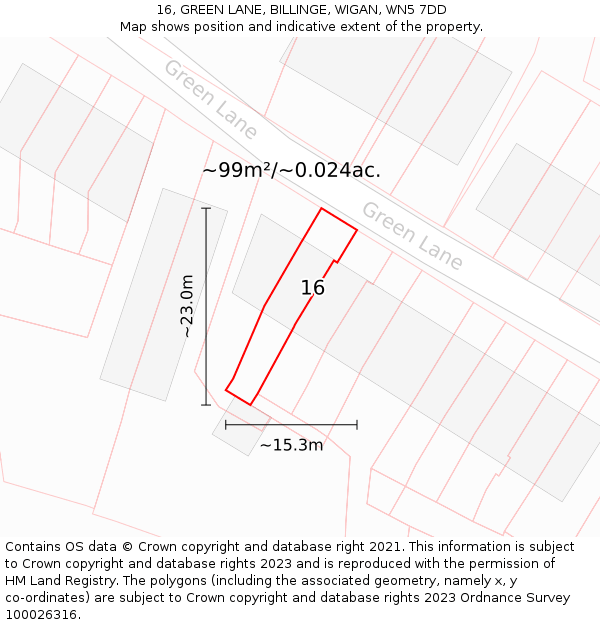 16, GREEN LANE, BILLINGE, WIGAN, WN5 7DD: Plot and title map