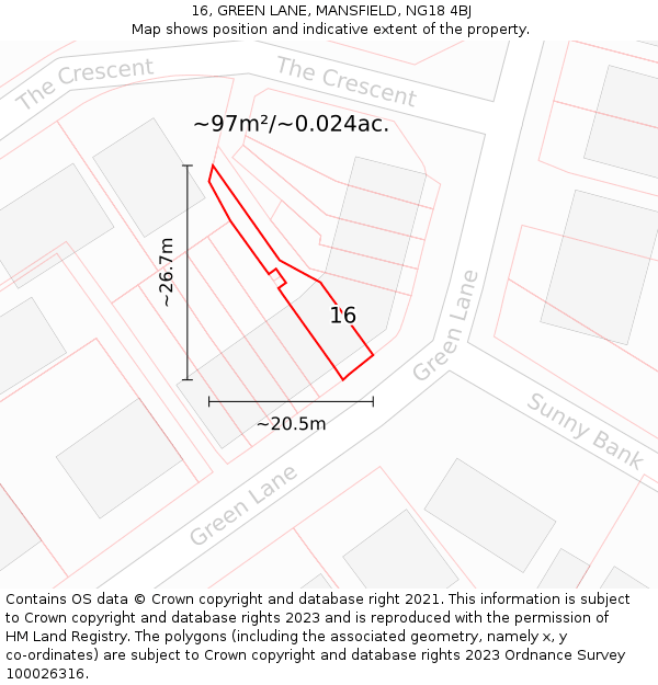 16, GREEN LANE, MANSFIELD, NG18 4BJ: Plot and title map