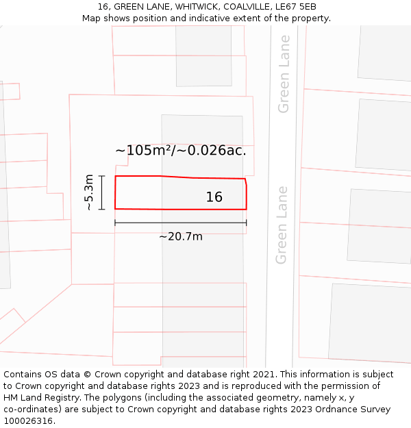 16, GREEN LANE, WHITWICK, COALVILLE, LE67 5EB: Plot and title map