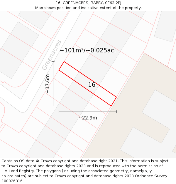 16, GREENACRES, BARRY, CF63 2PJ: Plot and title map