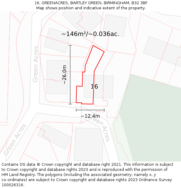 16, GREENACRES, BARTLEY GREEN, BIRMINGHAM, B32 3BF: Plot and title map