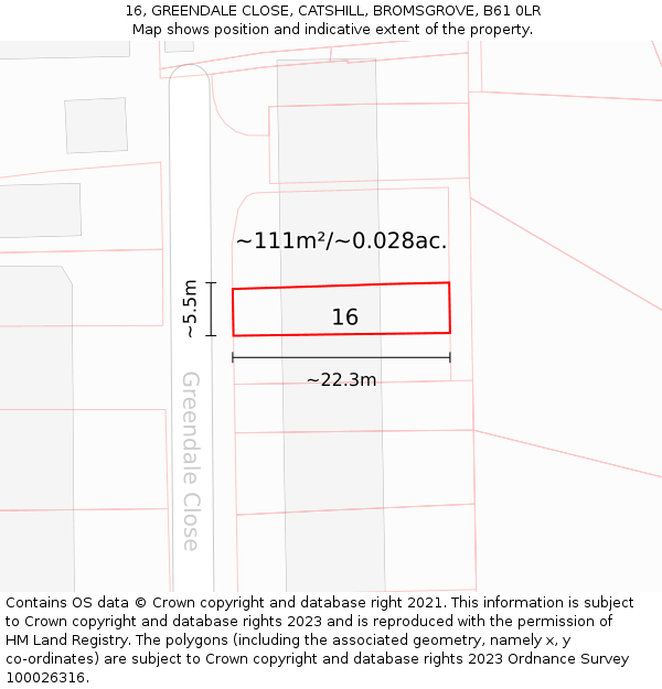 16, GREENDALE CLOSE, CATSHILL, BROMSGROVE, B61 0LR: Plot and title map
