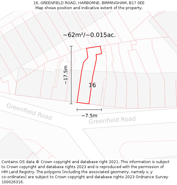 16, GREENFIELD ROAD, HARBORNE, BIRMINGHAM, B17 0EE: Plot and title map