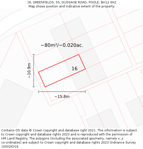 16, GREENFIELDS, 55, GUSSAGE ROAD, POOLE, BH12 4AZ: Plot and title map