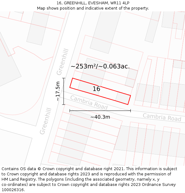 16, GREENHILL, EVESHAM, WR11 4LP: Plot and title map