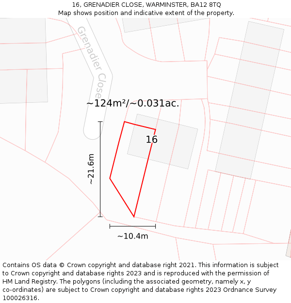 16, GRENADIER CLOSE, WARMINSTER, BA12 8TQ: Plot and title map