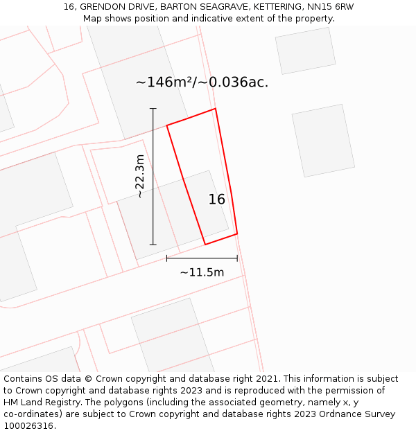 16, GRENDON DRIVE, BARTON SEAGRAVE, KETTERING, NN15 6RW: Plot and title map