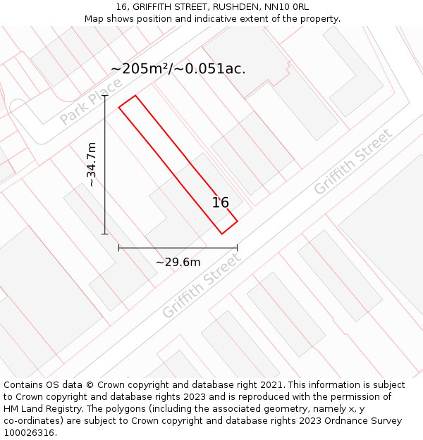 16, GRIFFITH STREET, RUSHDEN, NN10 0RL: Plot and title map