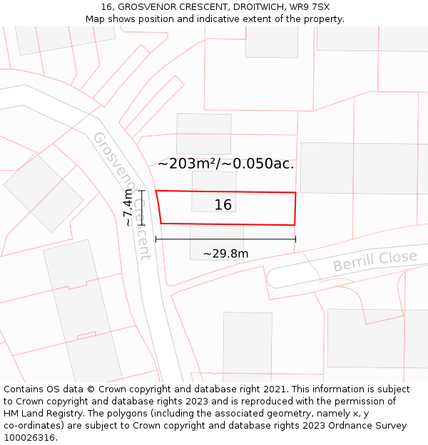 16, GROSVENOR CRESCENT, DROITWICH, WR9 7SX: Plot and title map