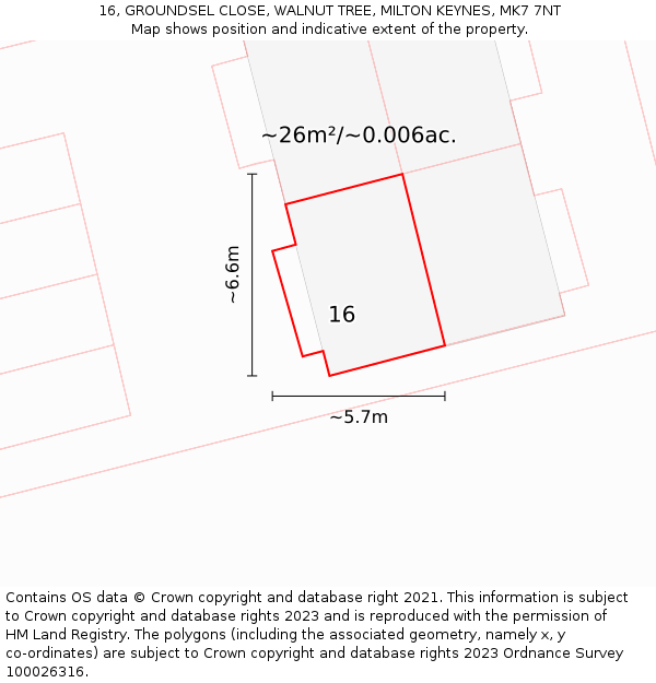 16, GROUNDSEL CLOSE, WALNUT TREE, MILTON KEYNES, MK7 7NT: Plot and title map
