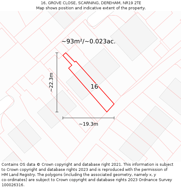 16, GROVE CLOSE, SCARNING, DEREHAM, NR19 2TE: Plot and title map
