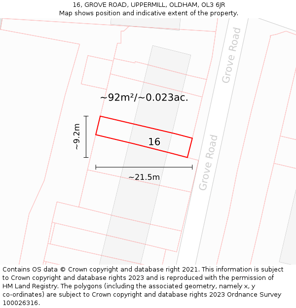 16, GROVE ROAD, UPPERMILL, OLDHAM, OL3 6JR: Plot and title map
