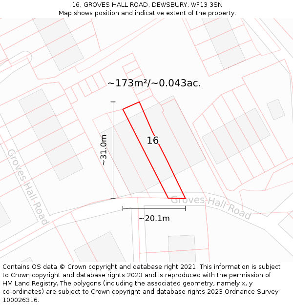 16, GROVES HALL ROAD, DEWSBURY, WF13 3SN: Plot and title map