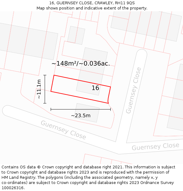 16, GUERNSEY CLOSE, CRAWLEY, RH11 9QS: Plot and title map