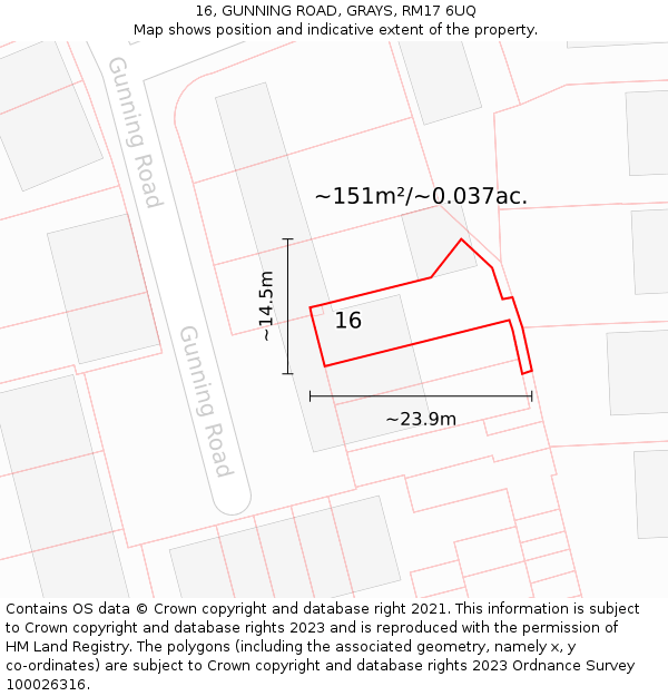 16, GUNNING ROAD, GRAYS, RM17 6UQ: Plot and title map