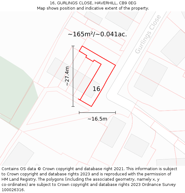 16, GURLINGS CLOSE, HAVERHILL, CB9 0EG: Plot and title map