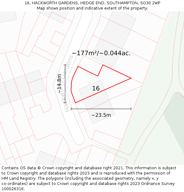 16, HACKWORTH GARDENS, HEDGE END, SOUTHAMPTON, SO30 2WP: Plot and title map