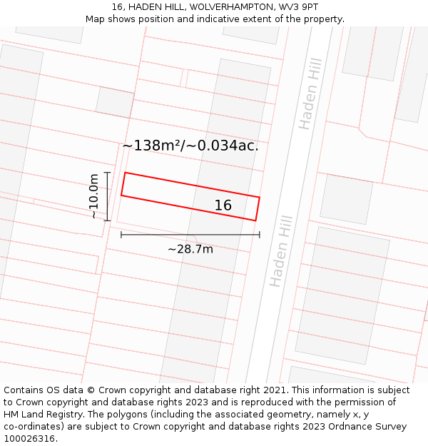 16, HADEN HILL, WOLVERHAMPTON, WV3 9PT: Plot and title map