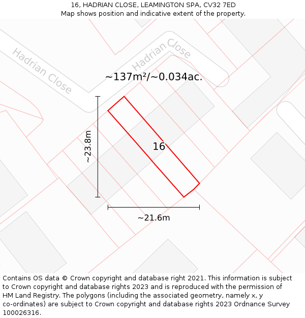 16, HADRIAN CLOSE, LEAMINGTON SPA, CV32 7ED: Plot and title map