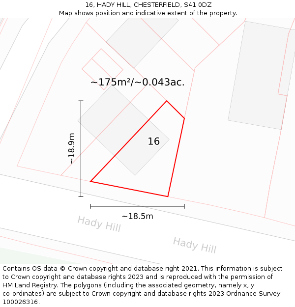16, HADY HILL, CHESTERFIELD, S41 0DZ: Plot and title map
