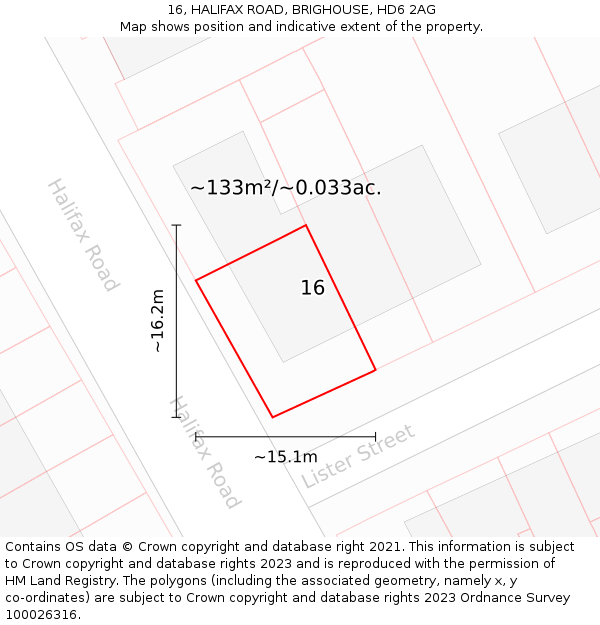 16, HALIFAX ROAD, BRIGHOUSE, HD6 2AG: Plot and title map
