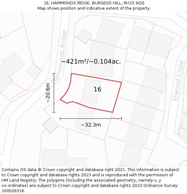 16, HAMMONDS RIDGE, BURGESS HILL, RH15 9QQ: Plot and title map