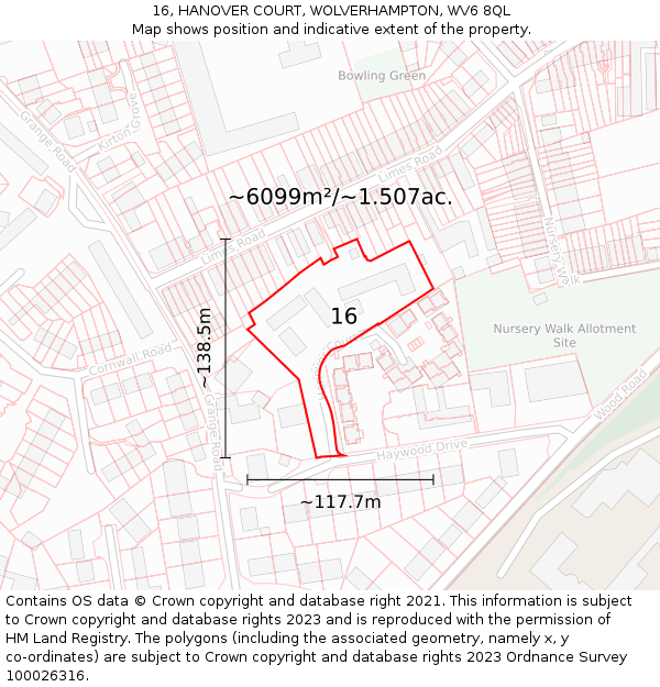 16, HANOVER COURT, WOLVERHAMPTON, WV6 8QL: Plot and title map