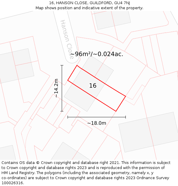 16, HANSON CLOSE, GUILDFORD, GU4 7NJ: Plot and title map