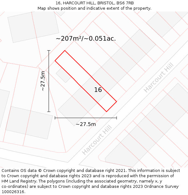 16, HARCOURT HILL, BRISTOL, BS6 7RB: Plot and title map