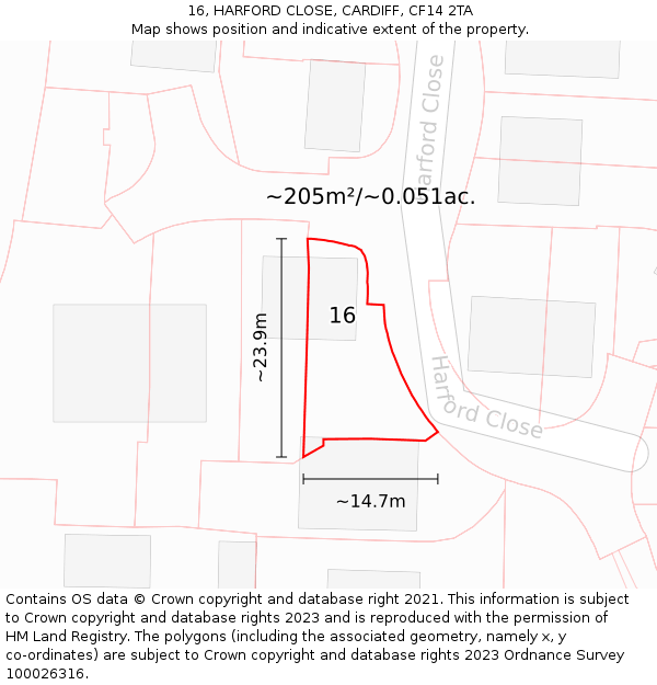 16, HARFORD CLOSE, CARDIFF, CF14 2TA: Plot and title map