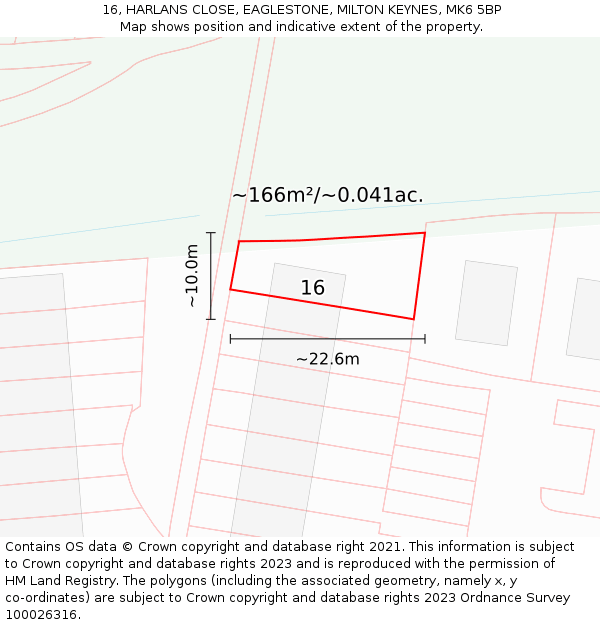 16, HARLANS CLOSE, EAGLESTONE, MILTON KEYNES, MK6 5BP: Plot and title map