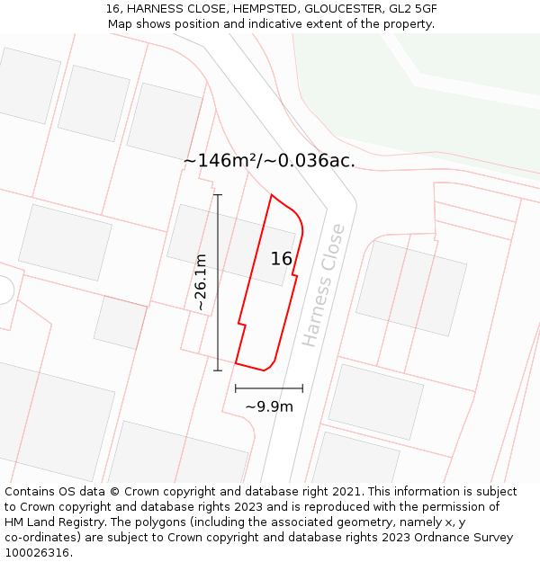 16, HARNESS CLOSE, HEMPSTED, GLOUCESTER, GL2 5GF: Plot and title map