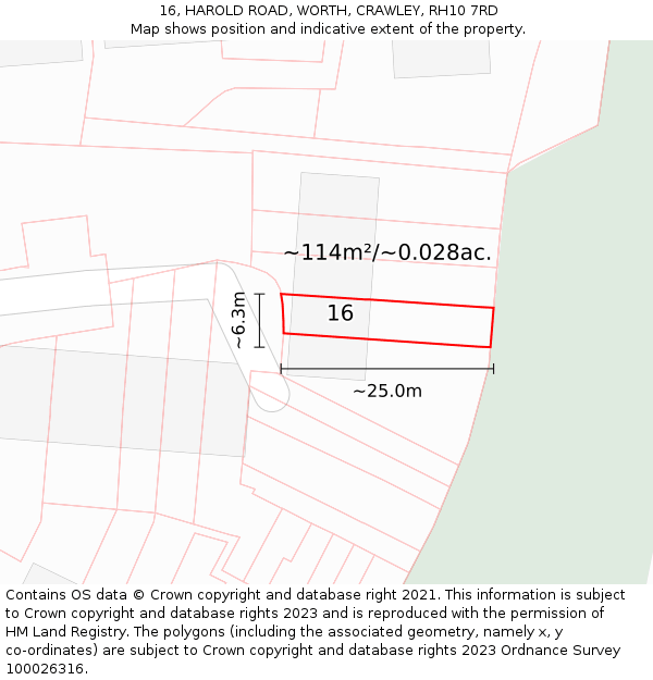 16, HAROLD ROAD, WORTH, CRAWLEY, RH10 7RD: Plot and title map