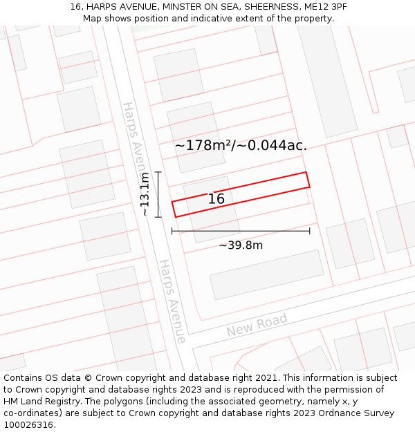16, HARPS AVENUE, MINSTER ON SEA, SHEERNESS, ME12 3PF: Plot and title map